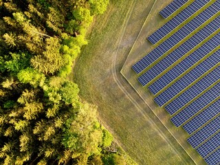 Fototapeta Photovoltaikanlage - Solarpark - Freiflächenanlage mit grünem Wald und Wiese im Hintergrund. Luftbildaufnahme mit Drohne. obraz