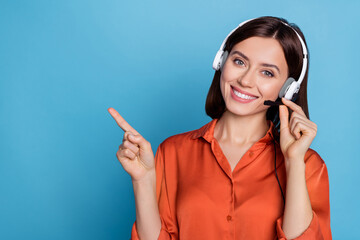 Portrait of attractive cheerful girl consulting client support showing copy space isolated over...