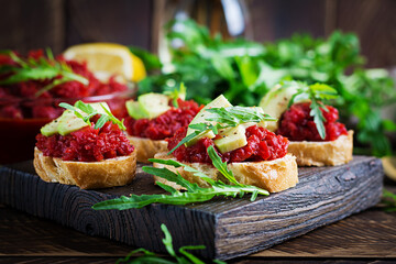 Vegetarian food. Healthy eating. Sandwiches with beetroot  pate.