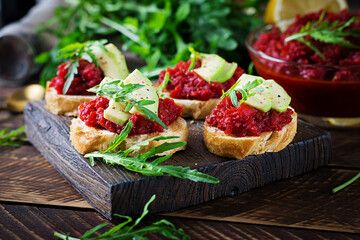 Vegetarian food. Healthy eating. Sandwiches with beetroot  pate.