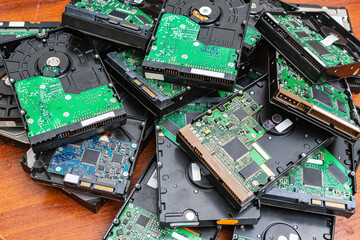 Obsolete hard drives piled up for recycling