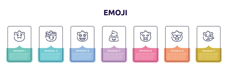 emoji concept infographic design template. included nauseated emoji, emoji with head-bandage weird poo silent cool liar icons and 7 option or steps.