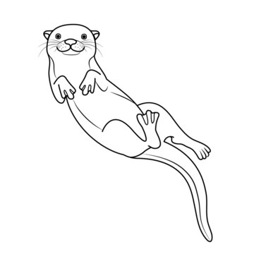 Vector hand drawn outline sketch cute otter isolated on white background. Happy otter swimming and smiling. Black and white animal illustration.