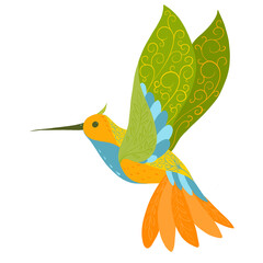Vector illustration of fantastic colorful unusual bird in a vivid design. Tropical fauna style