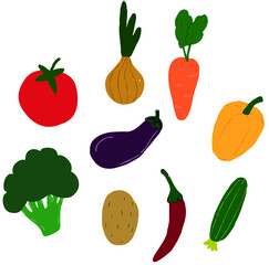 vegetable characters collection. Cute cabbage, cucumber, carrot, broccoli, tomato, pepper for kids Vector food illustration