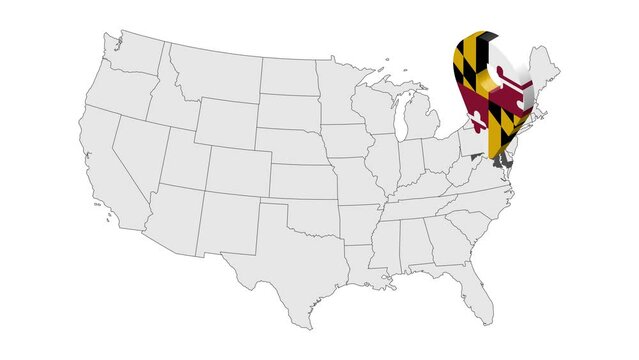 Location State of  Maryland on map USA. 3d State Maryland flag map marker location pin. Map of United States of America showing different states. Animated map States of USA