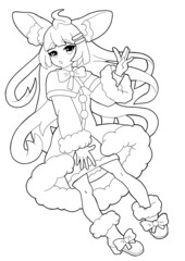 A cute girl drawn in the style of Japanese manga comics. She has big animal ears, a soft coat, and boots with a bow on her feet. Page for coloring.