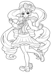A very cute sailor girl drawn in the style of Japanese manga comics. She has long curly hair, a large bow behind her back, a skirt, and stockings on her legs. Outline drawing.