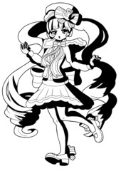 A very cute sailor girl drawn in the style of Japanese manga comics. She has long curly hair, a large bow behind her back, a skirt, and stockings on her legs. Outline drawing with shadows.