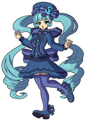 A cute girl drawn in anime style, She is a sailor, she has long blue hair, a blue uniform, a huge bow behind her back, high stockings on her legs. Color sticker.