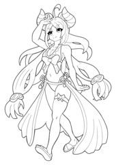 A cute girl with horns drawn in the style of Japanese manga comics. She has long hair, she is in a bikini, there is a big bow on her swimsuit, she is hiding from the sun. outline drawing