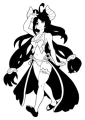 A cute girl with horns drawn in the style of Japanese manga comics. She has long hair, she is in a bikini, there is a big bow on her swimsuit, she is hiding from the sun. Outline drawing with shadows