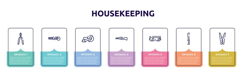 housekeeping concept infographic design template. included big pliers, null, big saw, stationery knife, protection glasses, bread knife, clothespin icons and 7 option or steps.