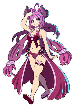 A cute girl with horns drawn in anime style, she has long pink hair, a pink bikini, and sandals on her feet. Color sticker.