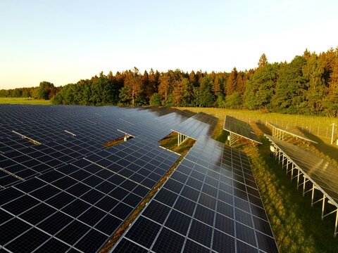Photovoltaikanlage - Solarpark - Freiflächenanlage mit grünem Wald und Wiese im Hintergrund. Luftbildaufnahme mit Drohne.