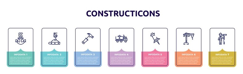 constructicons concept infographic design template. included anchor navigational tool, crane hand drawn tool, hammer tool, fuel truck, pin construction hand drawn sketch, man painting icons and 7