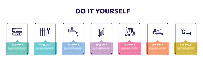 do it yourself concept infographic design template. included rule and level, tiles detail of construction, stopcock, stairs side view, forklift tool, excavator hine arm, measuring tape icons and 7