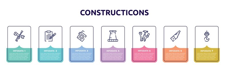 constructicons concept infographic design template. included screwdriver and doble wrench, pencil on paper sheet, roulette with button, road stopper, three tools, saw hand drawn tool, constructions