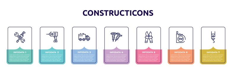 constructicons concept infographic design template. included wrench and screwdriver cross, hine drill, truck with freight, two screws, mower scissor, five meters ruler, pulley hook icons and 7