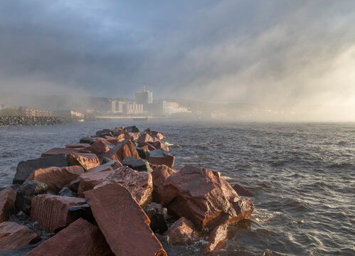 Red granite rocks in the harbor at Duluth