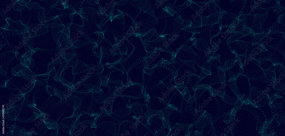 Poster Warp surface.Wave of particles. Abstract background with a dynamic wave. Big data. 3d rendering.