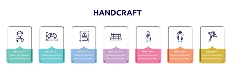 handcraft concept infographic design template. included construction worker, vice, electrical panel, tiles, crimping pliers, urinal, japanese umbrella icons and 7 option or steps.