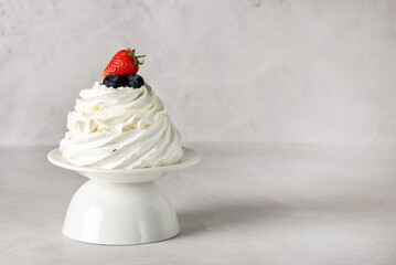 Delicious Mini Pavlova Cake with Fresh Strawberry and Blueberry Tasty Dessert Gray Background Copy...