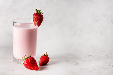 Glass of Smoothie Milky Strawberry Blended with Yogurt or Milk Tasty Morning Breakfast Drink