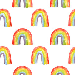 Kids style watercolor rainbow seamless pattern. Hand drawn rainbow design for children fabric, wrapping, textile. Trendy rainbow kids background.