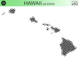 Dotted map of the state of Hawaii in the USA, from hexagons, on a scale of 50x50 elements. With smooth edges in black on a white background. With a dotted element size of 80 percent.