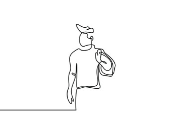 a handsome young fit man coolly carries his bag on his back and poses