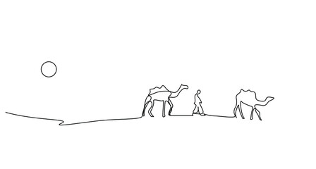 Fototapeta premium two camels and one person walking in the desert single line design