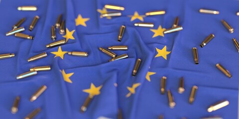 Flag of the European Union and bullet shells. Crime or war related 3D rendering