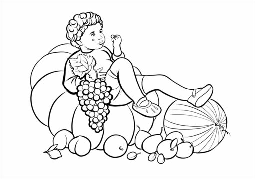 A little boy sits on a pumpkin and eats grapes, fruits around. Summer harvest. Black and white realistic illustration for coloring. Vector.