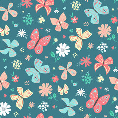 butterfly seamless repeat pattern design background. Random colorful butterfly silhouette, cute girly pastel pattern