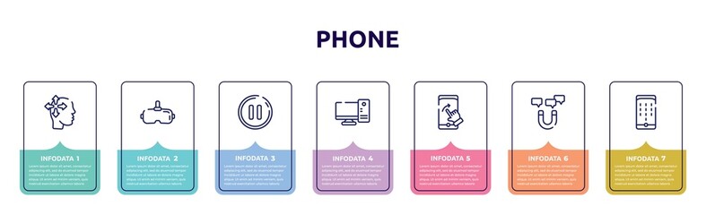 phone concept infographic design template. included introvert, virtual reality glasses, pause button, desktop computer, swipe right, magnetic, dial pad icons and 7 option or steps.