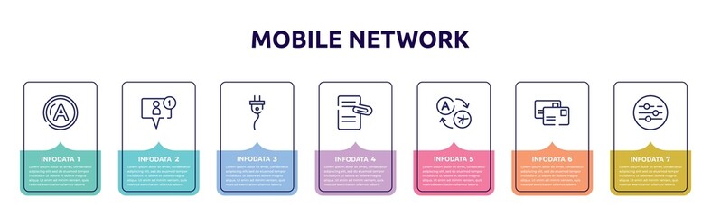 mobile network concept infographic design template. included letter a, friend request, cord, attached file, translator, postal, sound ting icons and 7 option or steps.