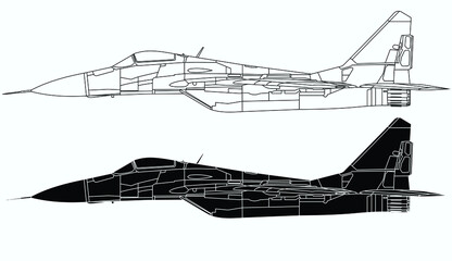 Mig 29 fighter jet side view.Adult military aircraft coloring page for book and drawing. Airplane. War-plane. Vector illustration. Vehicle. Graphic element. Plane. Black contour sketch.