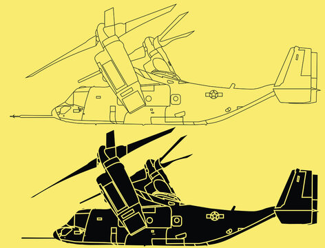 Bell Boeing V-22 Osprey. Vector drawing of VSTOL military transport aircraft. Side view.Adult military aircraft coloring page for book and drawing. Airplane. War-plane. Vector illustration. Vehicle. 