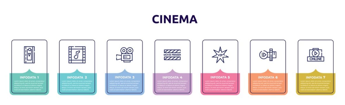 cinema concept infographic design template. included video clip, soundtrack, movie film, premiere, vip person, slow motion, online movie icons and 7 option or steps.
