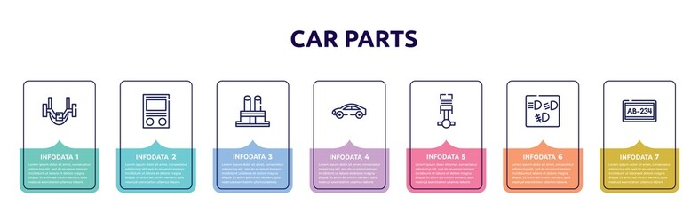 car parts concept infographic design template. included car anti-roll bar, car fascia (british), distributor cap, hard top, piston, dashboard, numberplate icons and 7 option or steps.