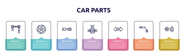 car parts concept infographic design template. included car torsion bar, car tyre, petrol cap, jack, indicator, wheel brace, sump icons and 7 option or steps.