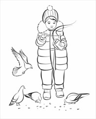 A little girl in a jacket, feeding pigeons. Black and white realistic illustration for coloring. Vector.
