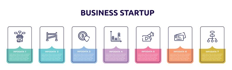 business startup concept infographic design template. included product range, police line, cryptocurrency, bars, video marketing, , flow chart icons and 7 option or steps.