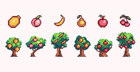 Fruit trees pixel art set. Orchard collection. Banana, apple, cherry, lemon, peach, pear farm.  8 bit sprite. Game development, mobile app. Isolated vector illustration.