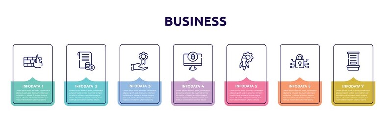 business concept infographic design template. included distributed ledger, online support, casino chip, auctioneer, contact list, personal security, competitor icons and 7 option or steps.