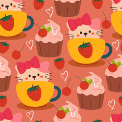 seamless pattern cute cartoon cat inside a cup with strawberry and cherry. cute background for kids, textile