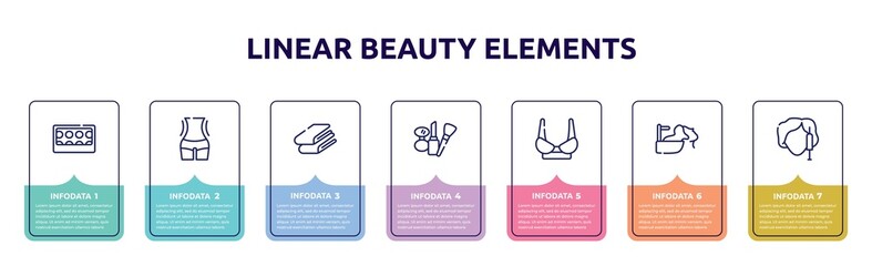 linear beauty elements concept infographic design template. included eye shadow pallette, women waist, folded towel, cosmetic tools, women brassiere, hair washing, beauty treatment icons and 7