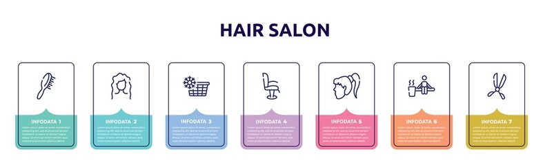 hair salon concept infographic design template. included hair brush, wavy hair, cold water, chair side view, female head, sauna, scissors badge icons and 7 option or steps.