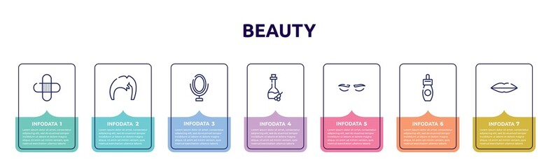 beauty concept infographic design template. included band aid, man hair, mirrors, olive oil, lashes, remover, seductive icons and 7 option or steps.